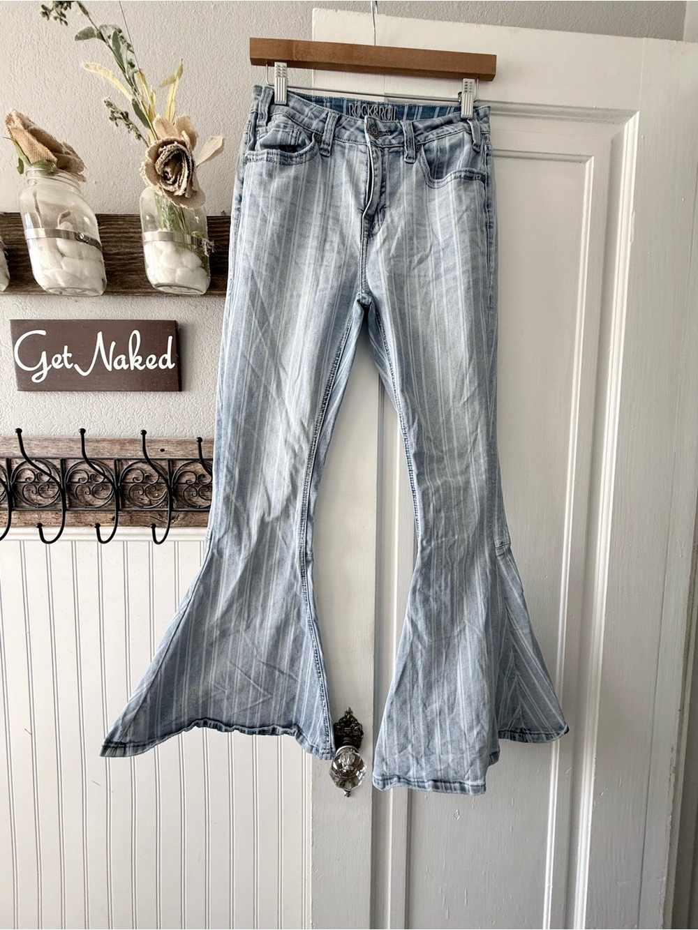 Rock & Roll Cowgirl Light Wash Pinstripe Flare Jeans